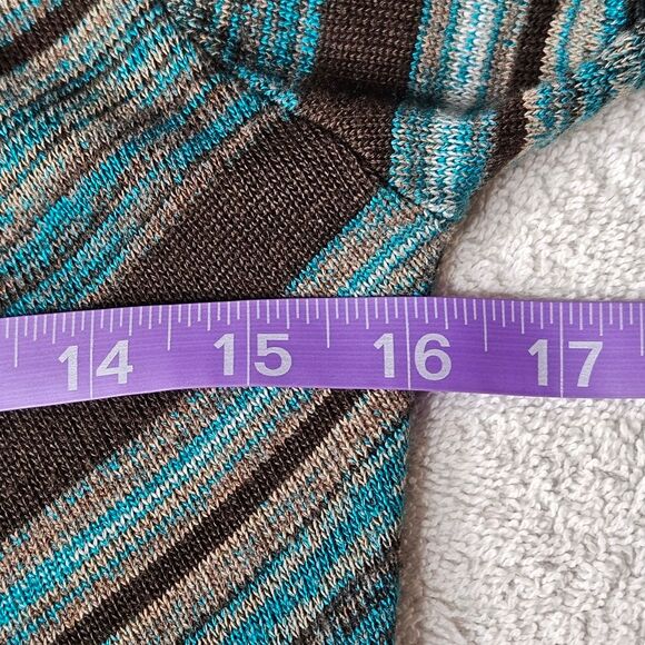 Iz Byer Brown & Turquoise Stripe 3/4 Sleeve Belted Cowl Neck Casual Knit Sweater - Picture 6 of 7